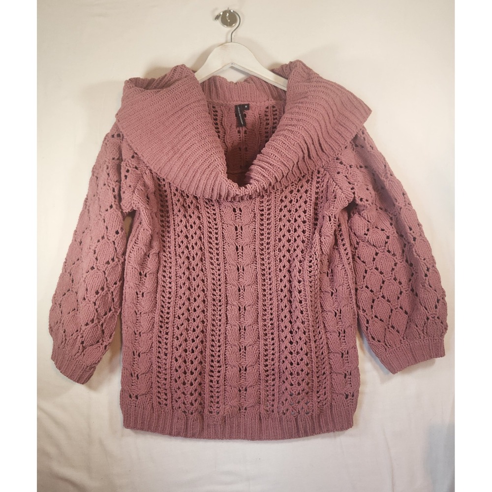 Moon & Madison Dusty Rose Chenille Cowl Neck Cable Knit Sweater Mauve Medium